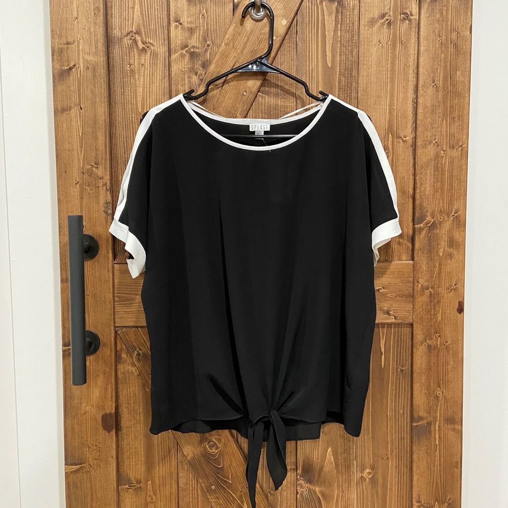 Spence Black Blouse Withe Trim w/ Shoulder Slits